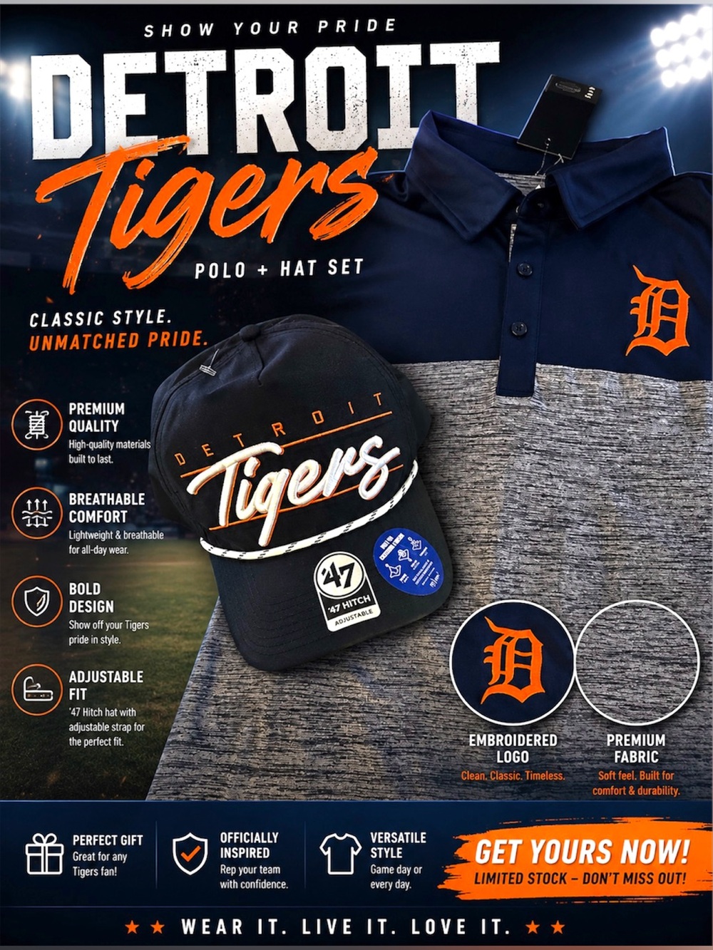New MLB Detroit Tigers Polo Logo Shirt & Cap Set, Size XL